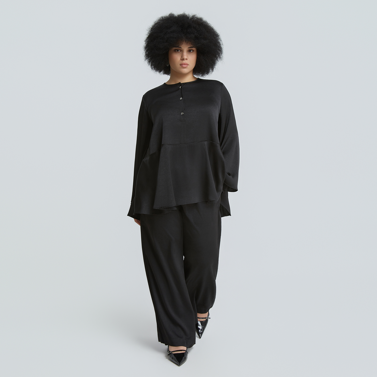 Satin draped blouse with button detail on the neck