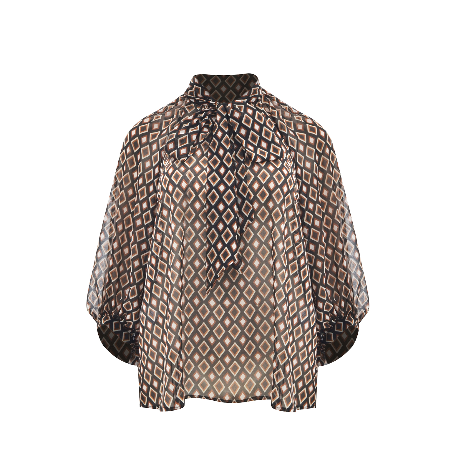 Sheer geometric diamond-pattern blouse with bow-tie neckline