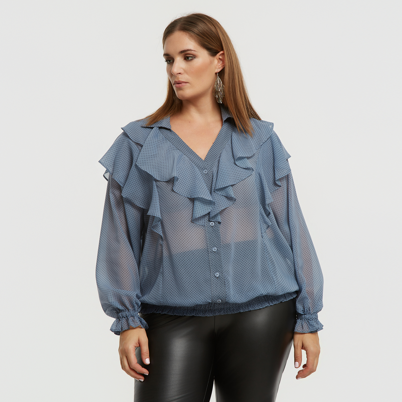 Sheer ruffled shirt with polka-dot motif