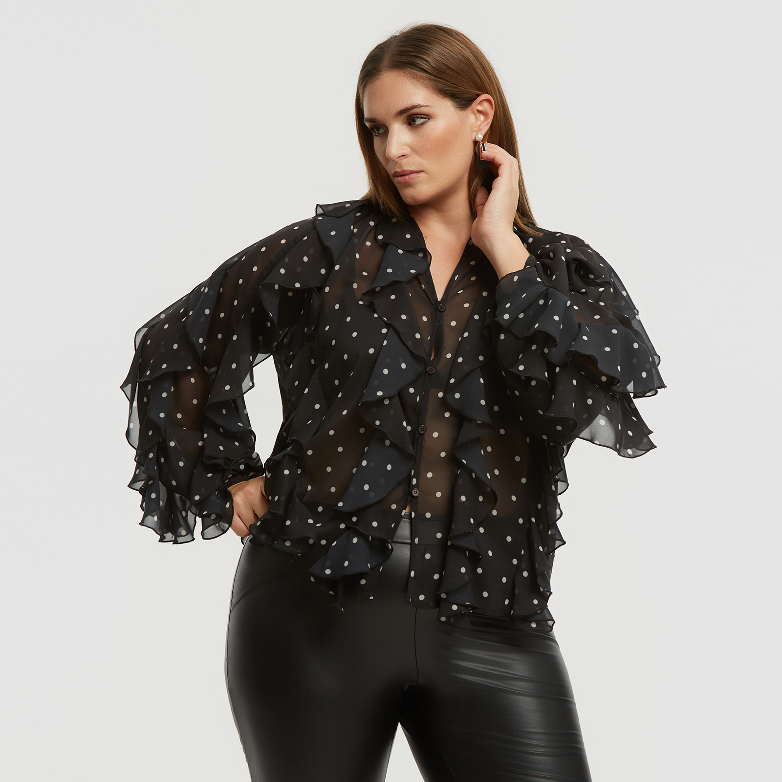 Sheer ruffled shirt with polka-dot motif
