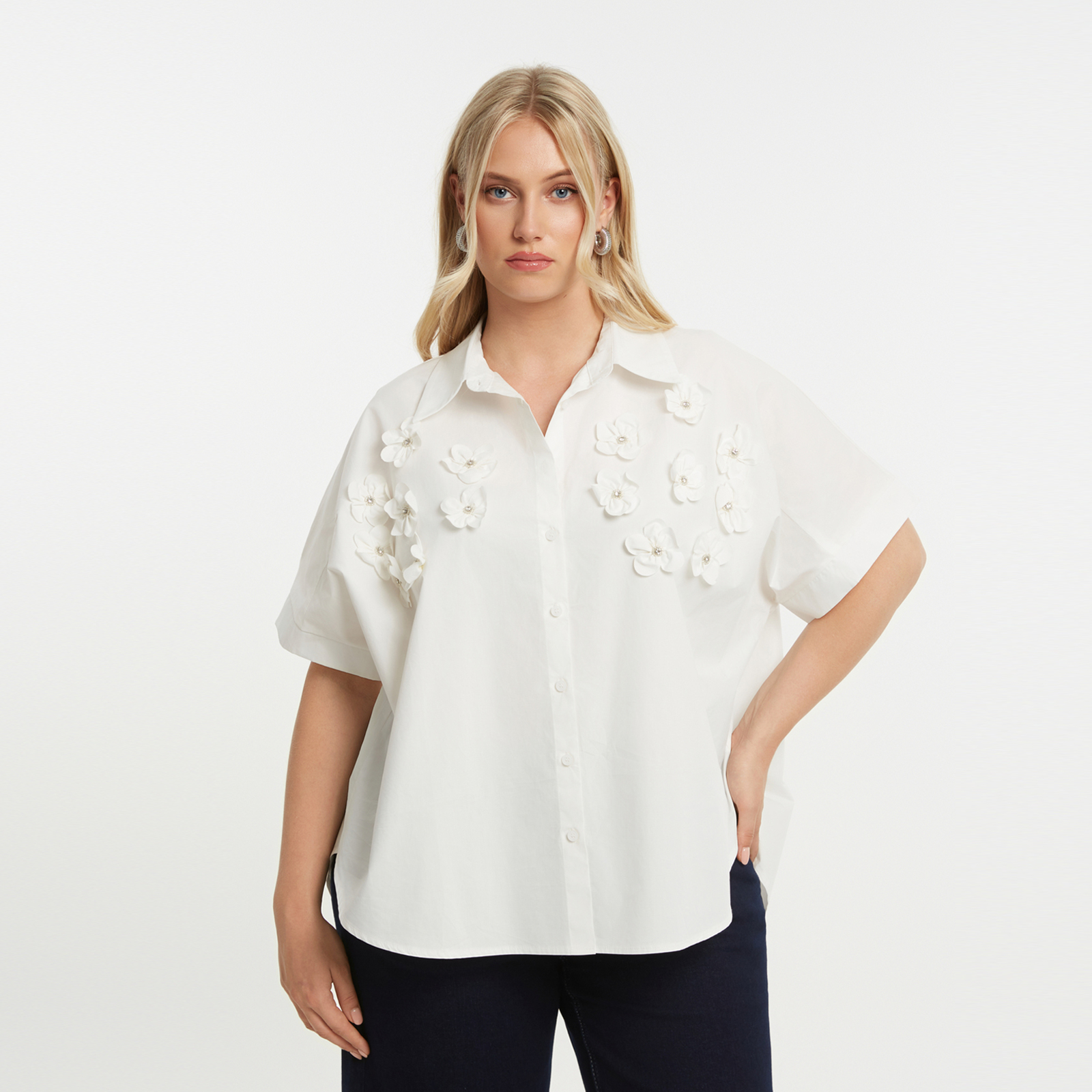 Short-sleeve embroidered cotton shirt with cutwork details