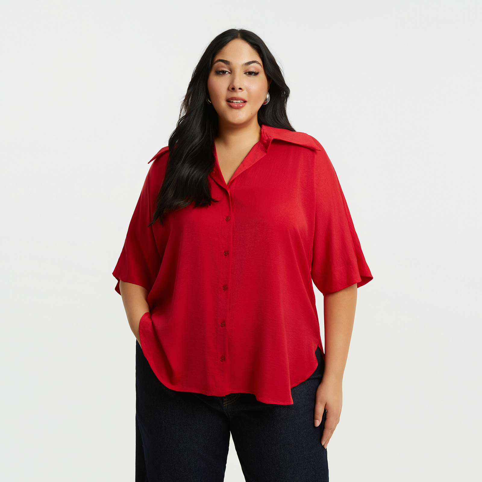 MAT FASHION Πουκάμισο σατέν με κοντό μανίκι και ovesized μυτερό γιακά