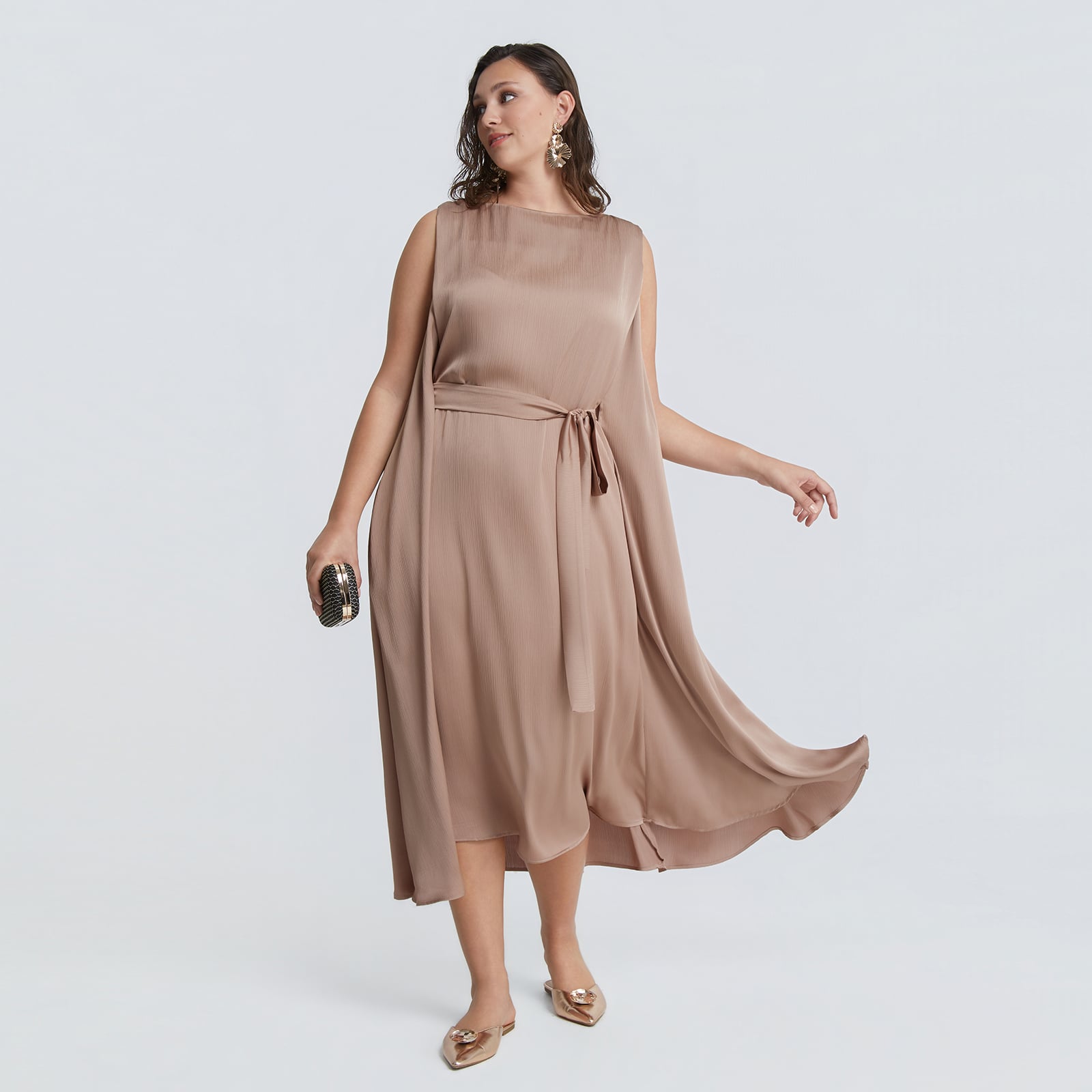 MAT FASHION Σατέν αμάνικο φόρεμα με ζώνη