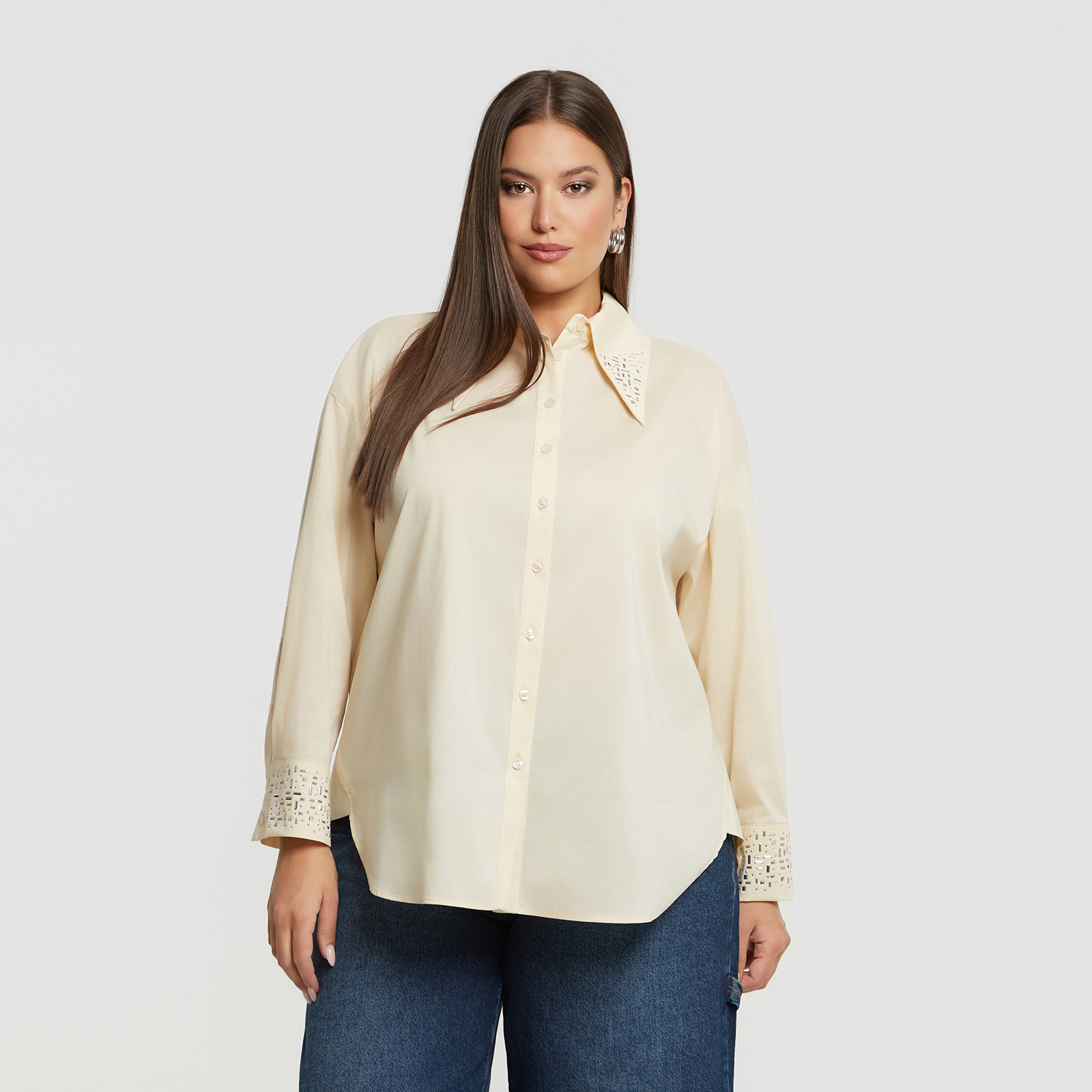 Stone-embellished embroidered shirt in cotton blend