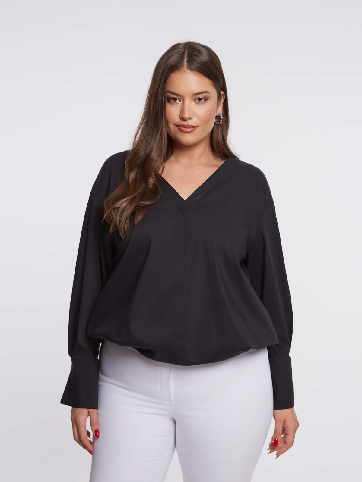 Μπλούζα μακρυμάνικη V από ελαστική ποπλίνα φωτογραφία