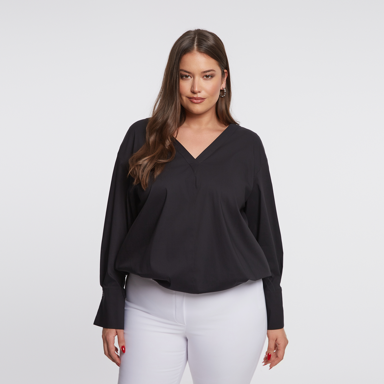 MAT FASHION Μπλούζα μακρυμάνικη V από ελαστική ποπλίνα