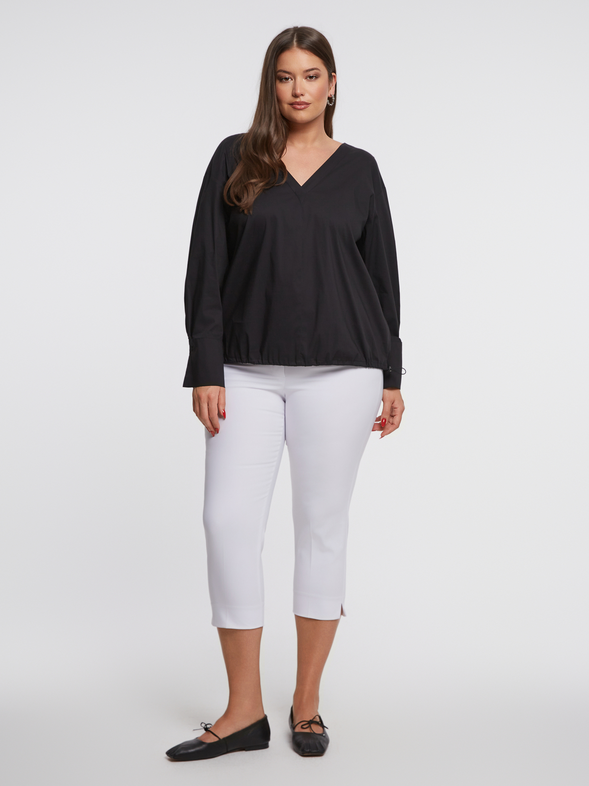 Μπλούζα μακρυμάνικη V από ελαστική ποπλίνα φωτογραφία