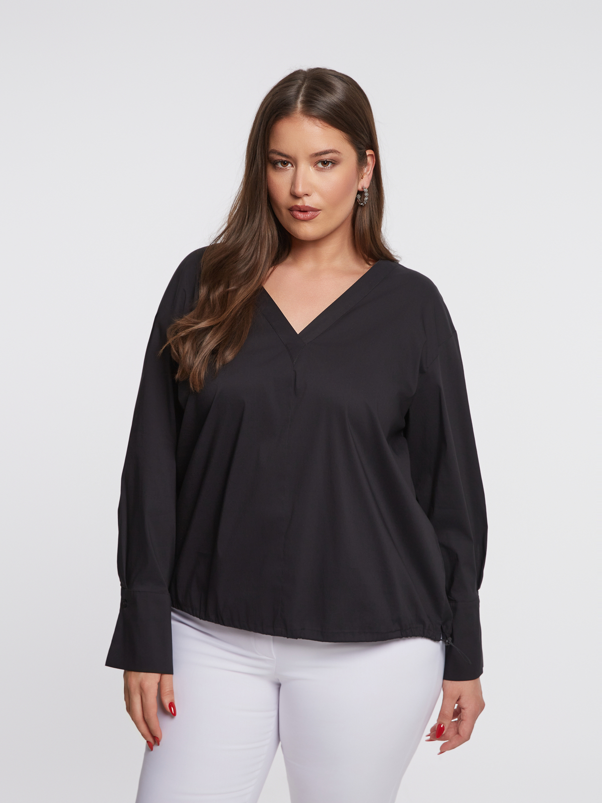 Μπλούζα μακρυμάνικη V από ελαστική ποπλίνα φωτογραφία