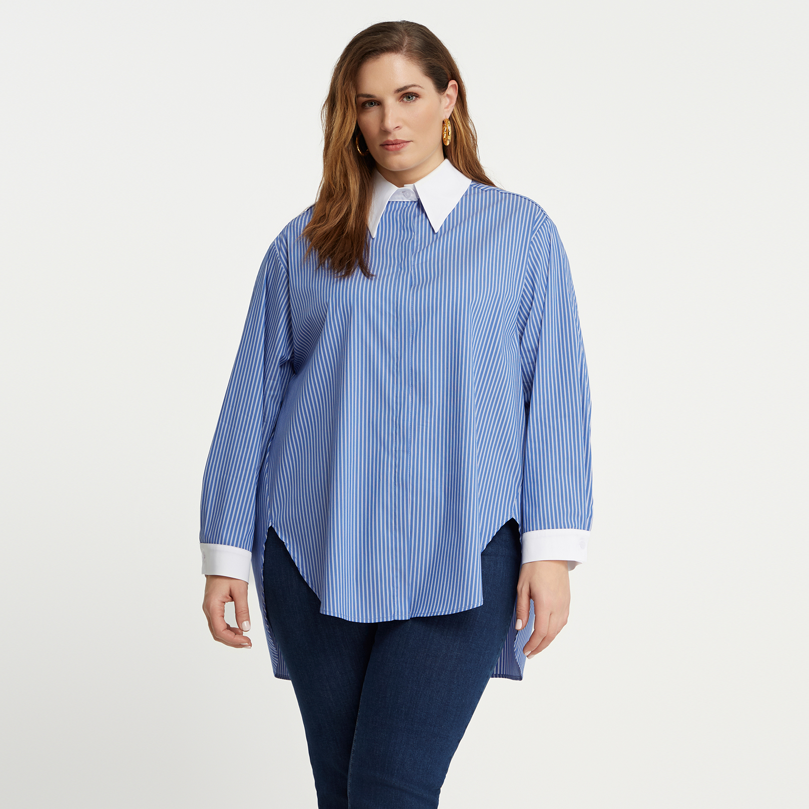 Striped cotton-blend shirt with contrast collar