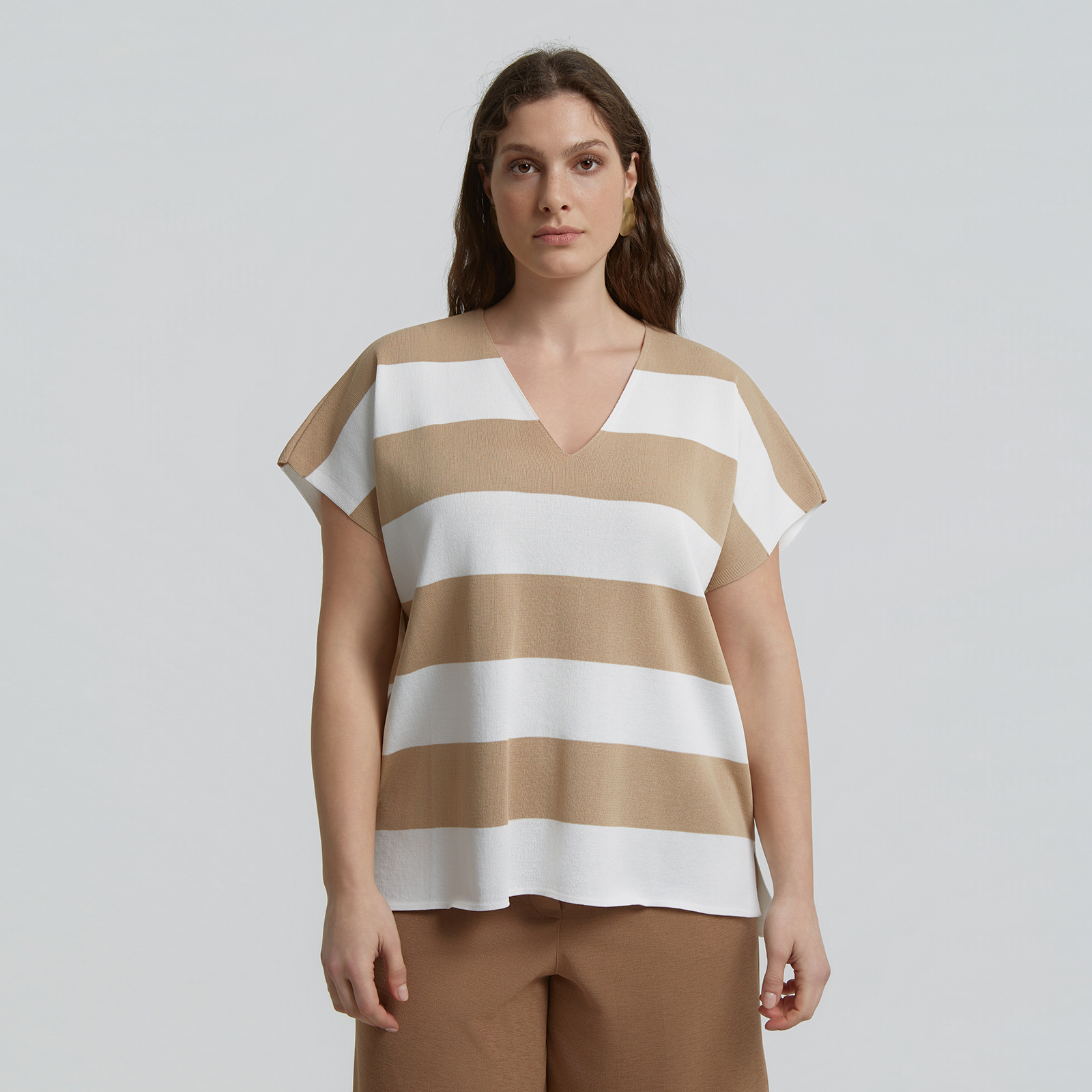 Striped knit short-sleeve V-neck top