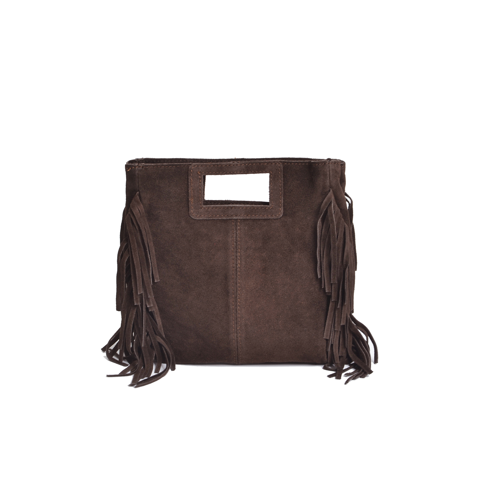 Suede fringe handbag with cutout handle