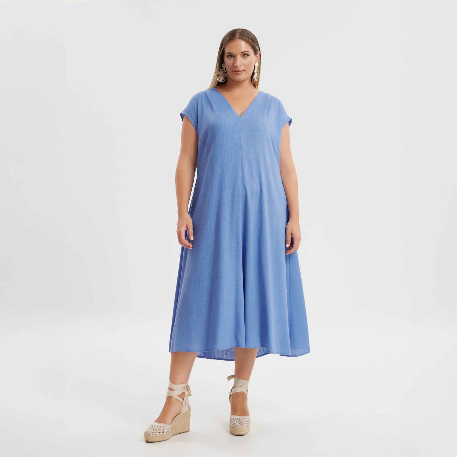 Φόρεμα βισκόζη/λινό με V-λαιμόκοψη - MAT FASHION - 