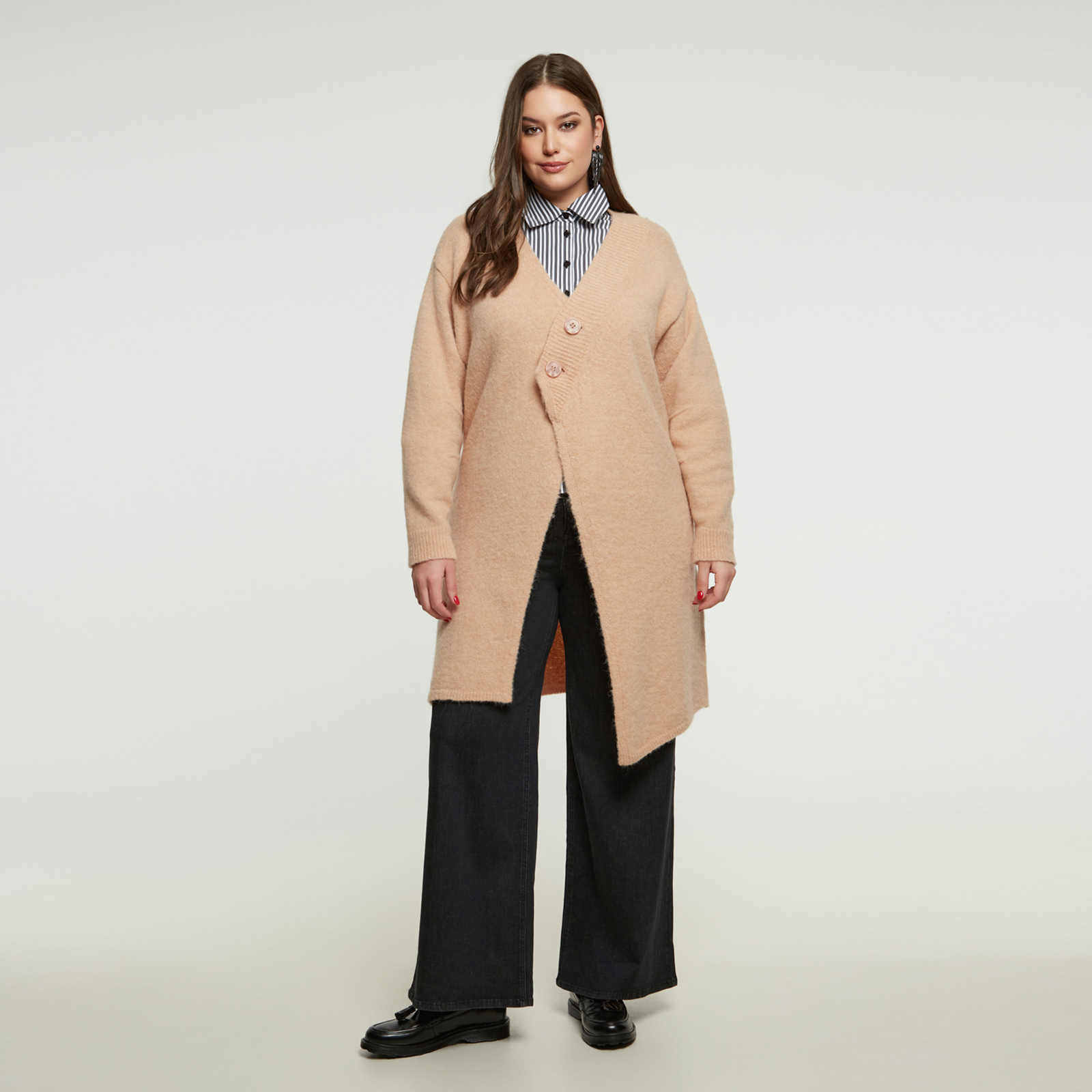 MAT FASHION Μακριά πλεκτή ζακέτα με ασύμμετρο κούμπωμα