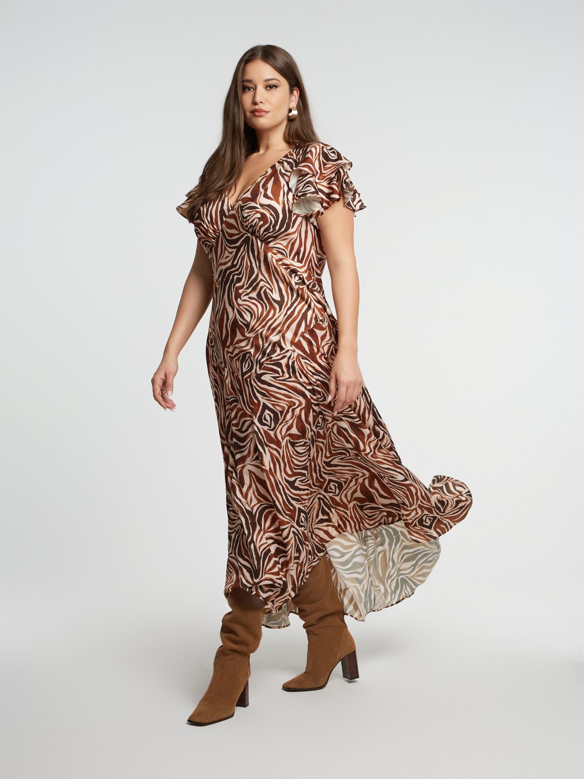 Maxi φόρεμα με ζεβρέ σχέδιο και βολάν μανίκια φωτογραφία