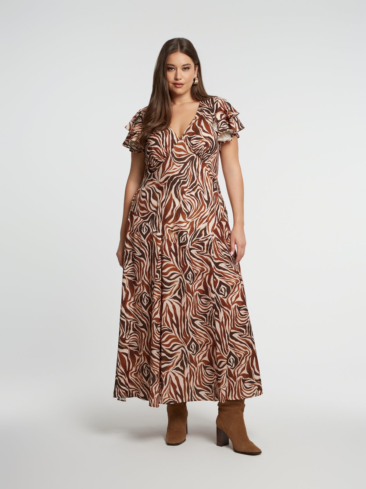 Maxi φόρεμα με ζεβρέ σχέδιο και βολάν μανίκια φωτογραφία