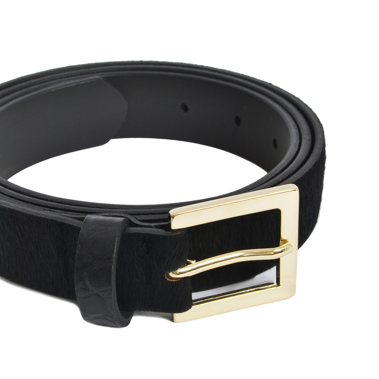 MAT FASHION Δερμάτινη ζώνη pony skin με τετράγωνη αγκράφα και λεπτομέρεια ταρταρούγα