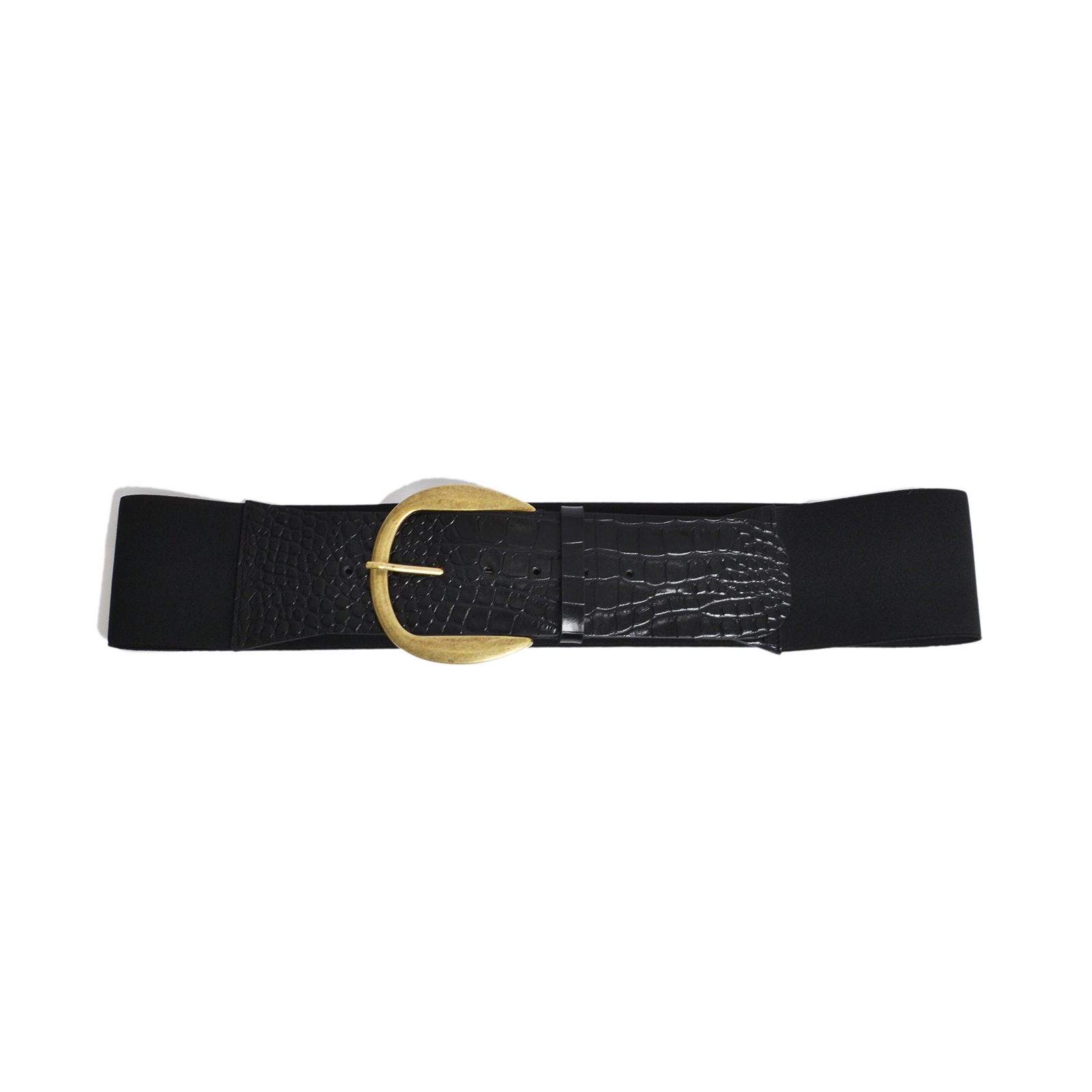 Elastic croc-effect leather belt with round buckle