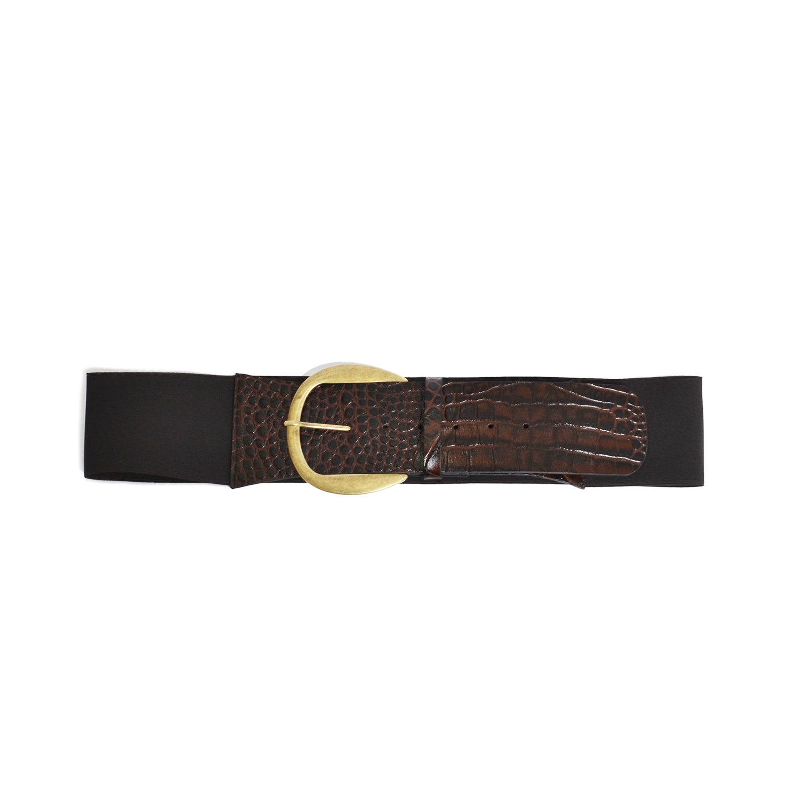Elastic croc-effect leather belt with round buckle