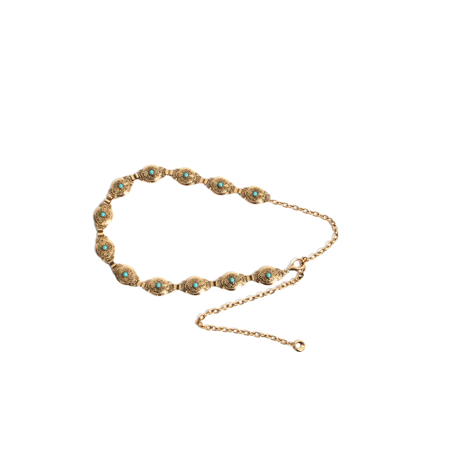 Gold-tone chain belt with turquoise stone detail