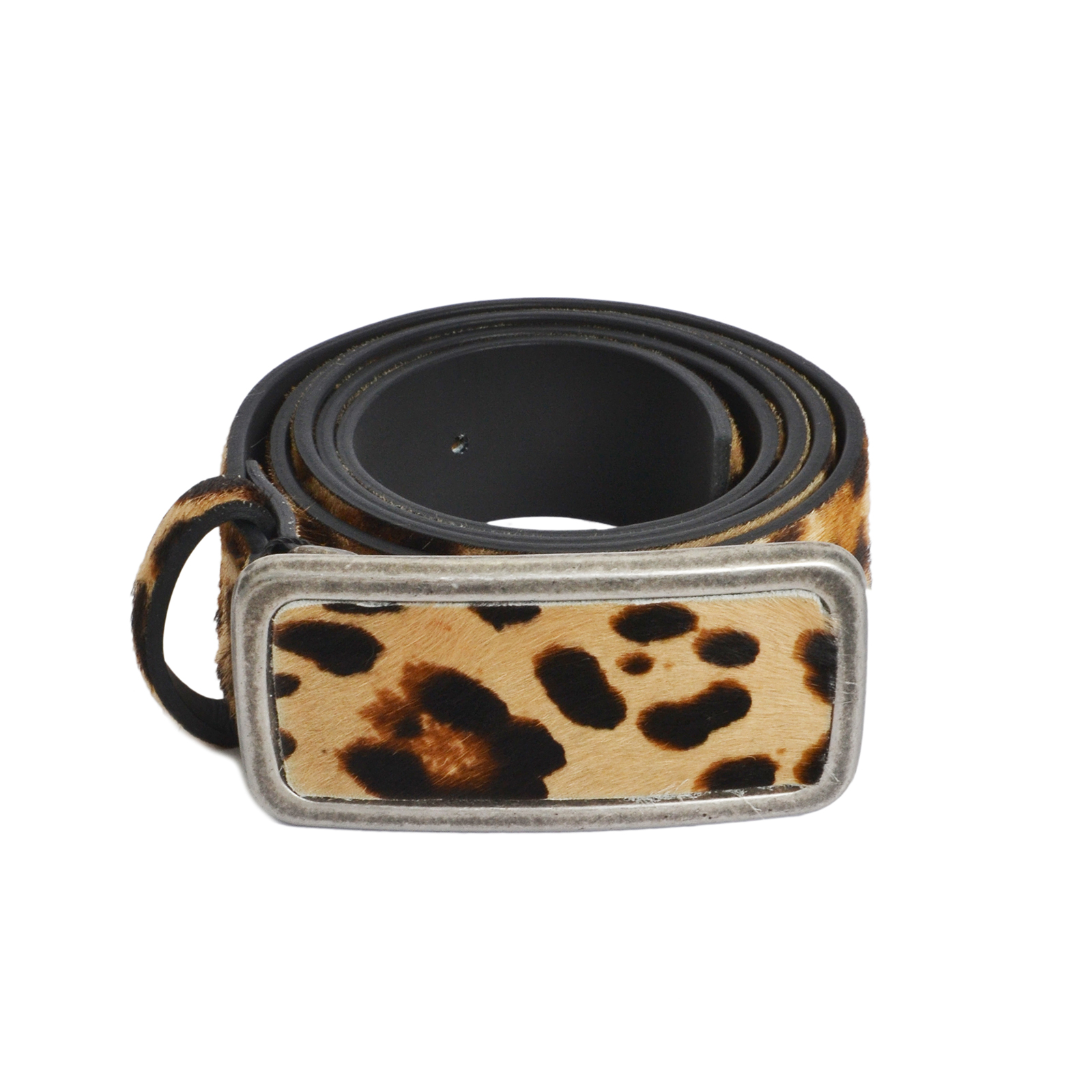 MAT FASHION Δερμάτινη pony skin ζώνη με animal print και ορθογώνια αγγράφα