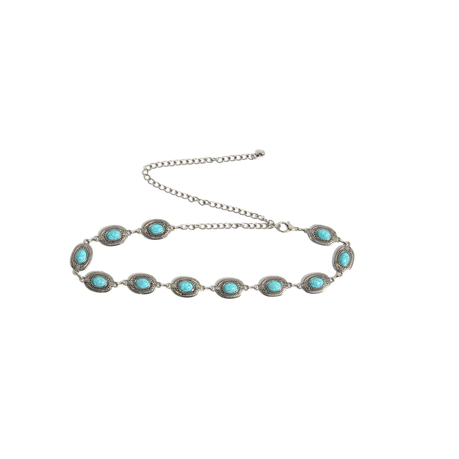 Silver-tone chain belt with turquoise stone detail