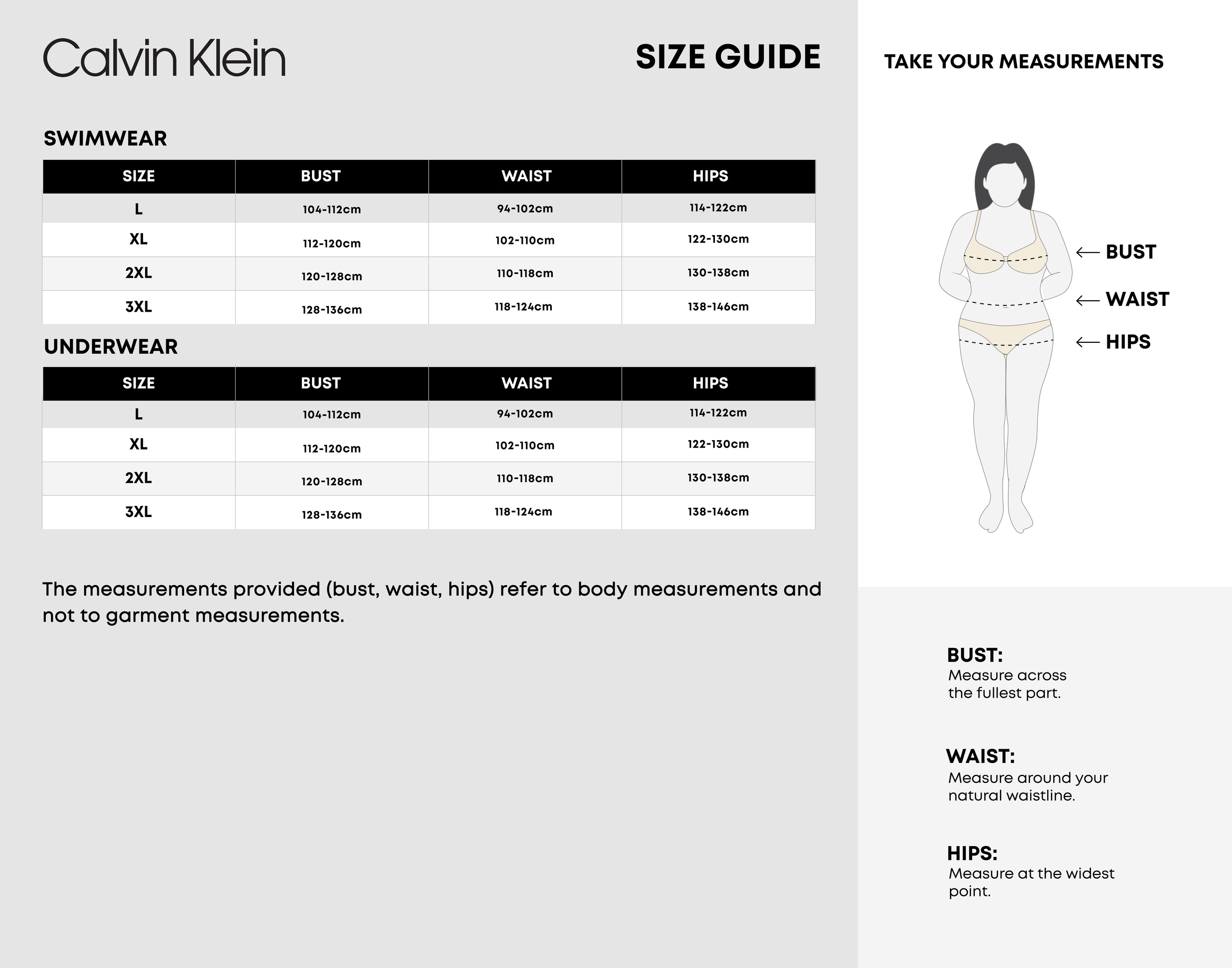 CALVIN KLEIN SIZEGUIDE
