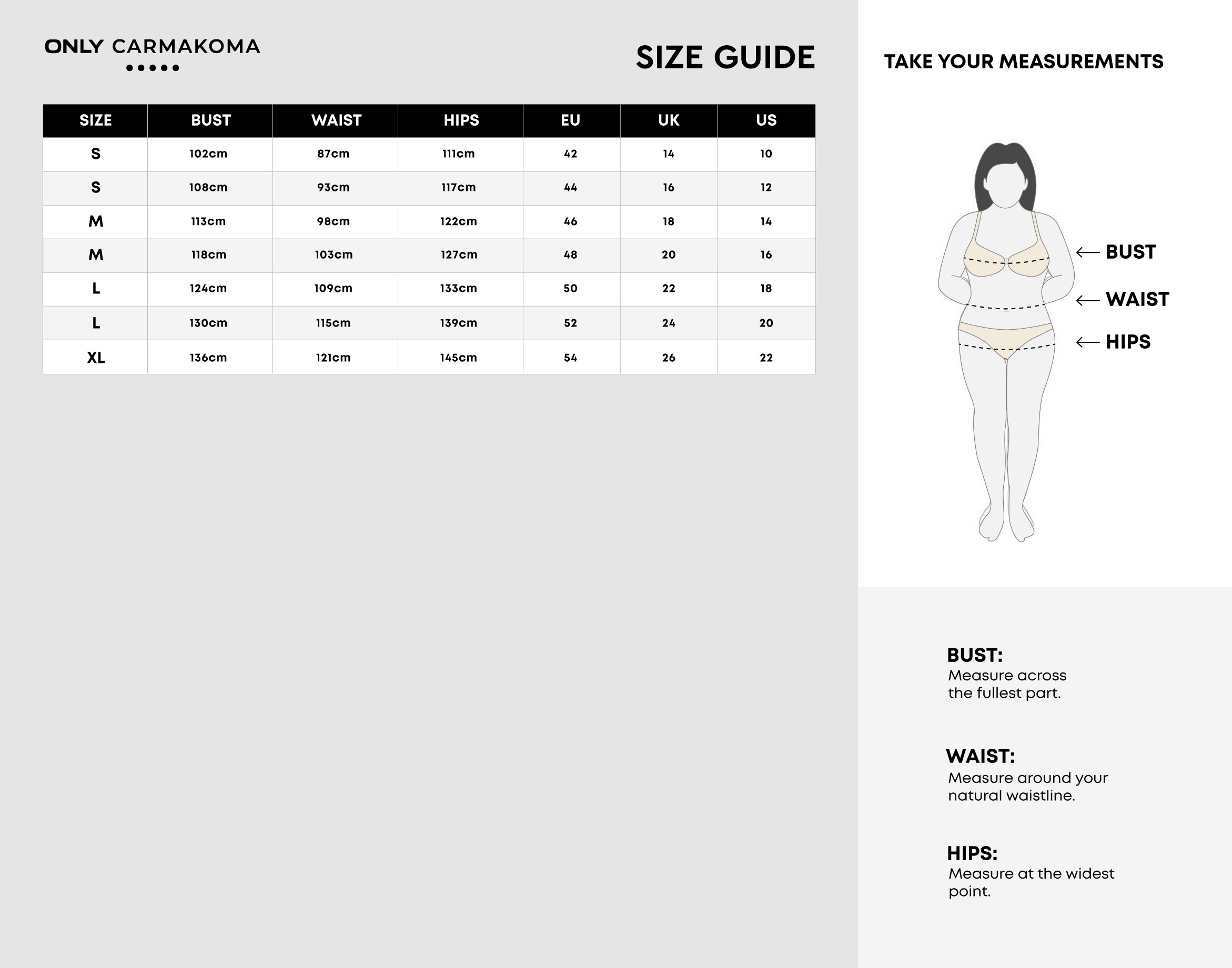 ONLY CARMAKOMA SIZEGUIDE