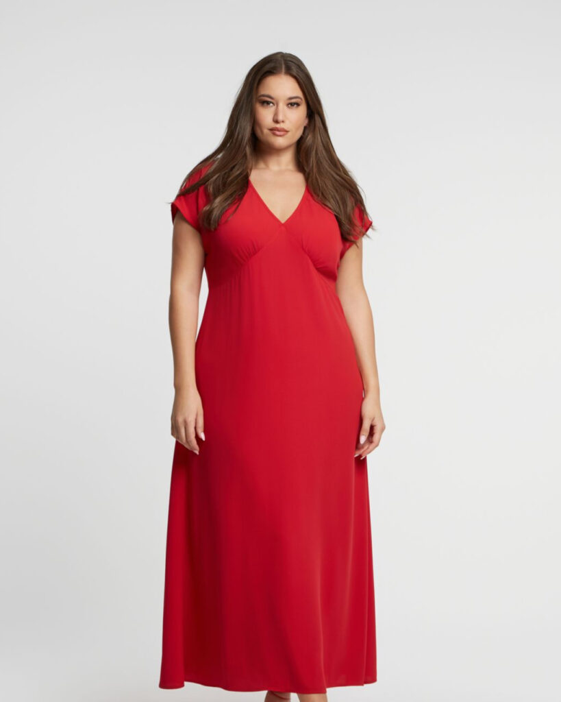 Maxi φόρεμα με V-ντεκολτέ σε κόκκινο χρώμα mat fashion - Plus Size Φόρεμα με Αθλητικά Παπούτσια
